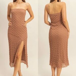 NEW HYFVE Tan Brown Strapless Textured Midi Sheath Dress Side Slit Size Large